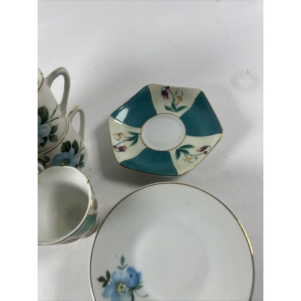 Vintage Fruit Japan Porcelain Tea Set Lot Blue Floral Cups Saucers Mid Century - Picture 5 of 7
